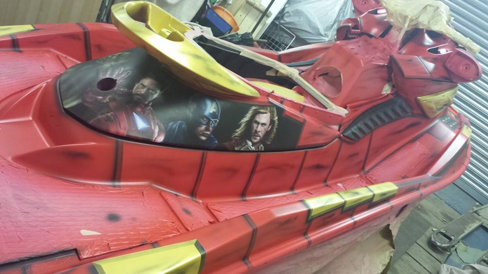 Airbrushed Painting of Red Iron Man Style Armor on a Jet Ski